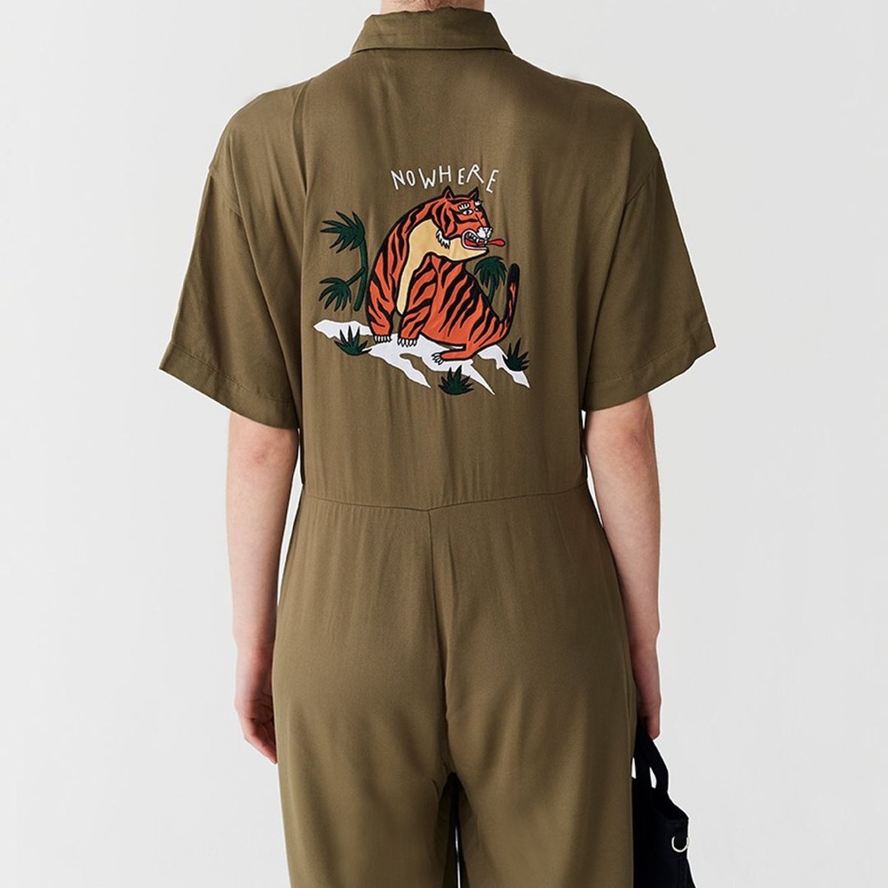 Lazy Oaf Olive Jumpsuit with Tiger Graphic